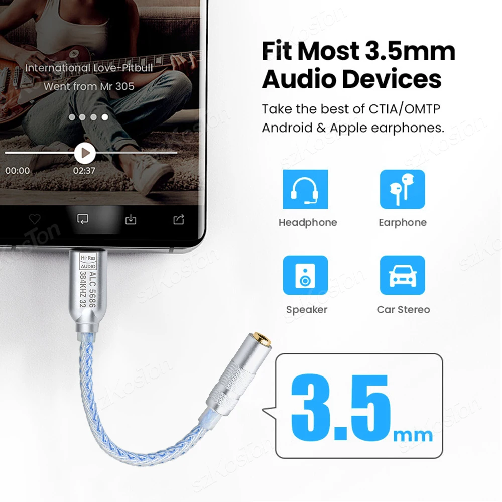 ALC5686 Chip Type-C to 3.5mm Audio Adapter Cable 32b/384kHz DAC HiFi Audio Decoder IEM Headphone Amplifier for iPhone15 Samsung