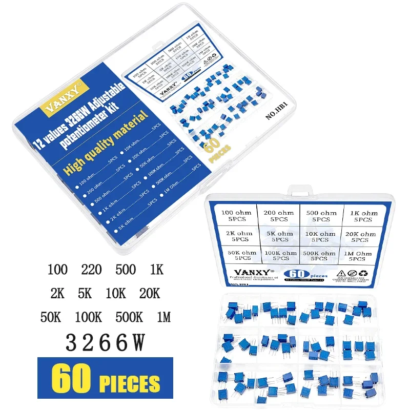 12 Values 3266W Adjustable Potentiometer Kit 100 220 500 1K 2K 5K 10K 20K 50K 100K 500K 1M Ohm 100R 220R 500R 102 502 103 104