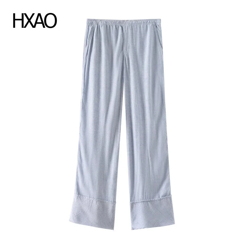 

HXAO 2024 Women's Striped Pajama Style Pants Summer Women's Blue Blend Pants With Pockets Loose Casual Trousers For Female