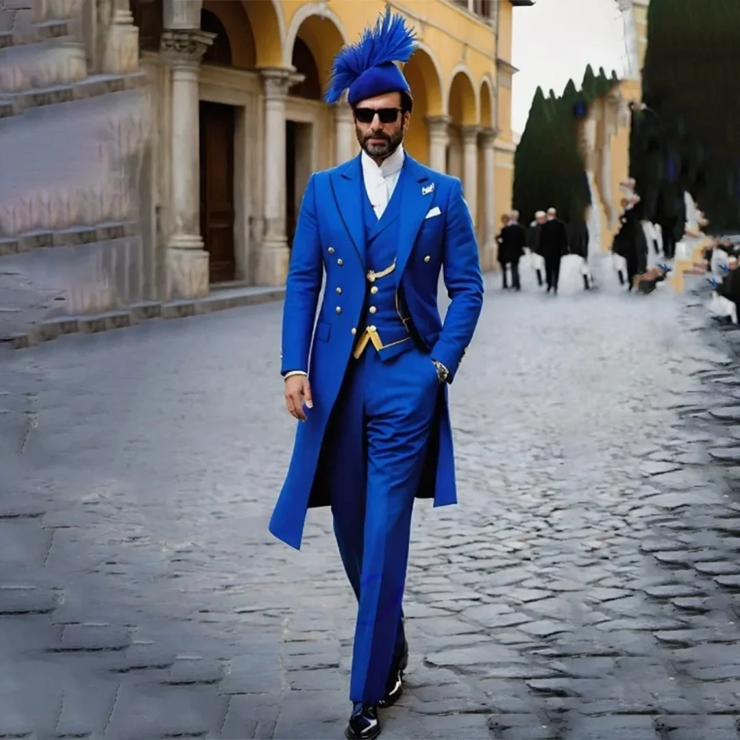 

Luxury Royal Blue Men Suits 3Pcs Long Jacket Slim Fit Business Coat Fashion Peak Lapel Tuxedos Wedding Groom Party Customized