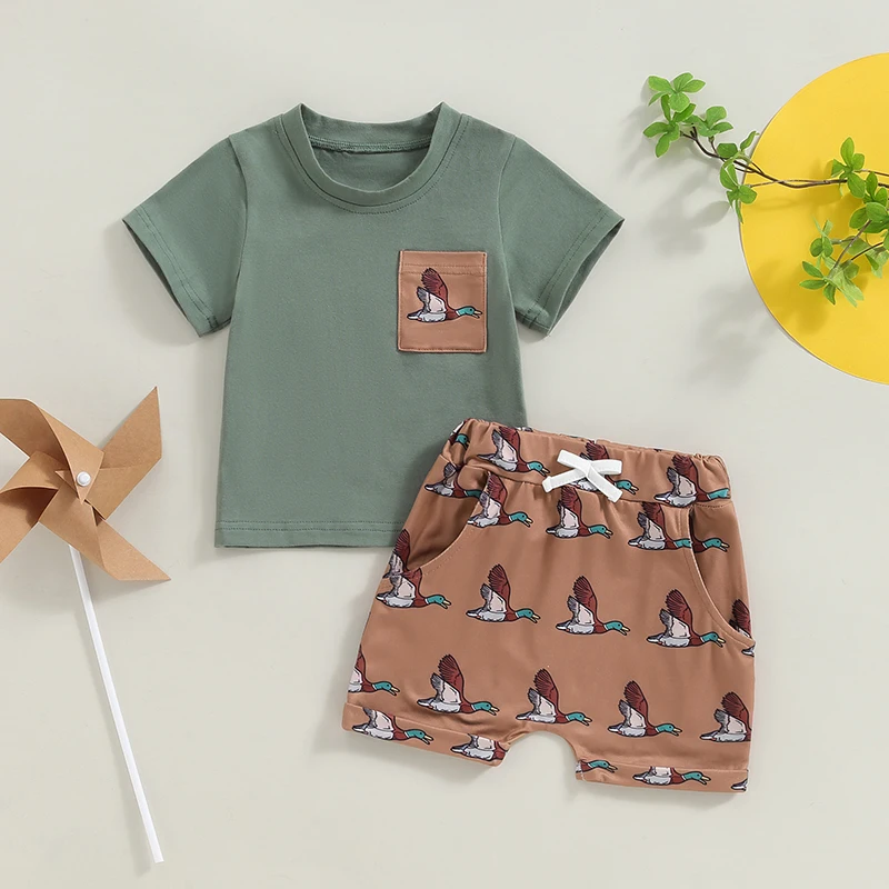 2024-05-05 Lioraitiin Toddler Baby Boy Summer Clothes Free Range Duck T Shirt and Shorts 2Pcs Set Casual Farm Outfit