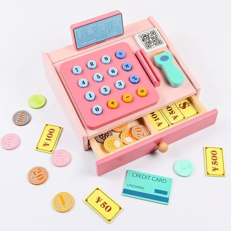 Wooden  Playing House Cash Register Toys For Kids Supermarket Card Swiping Cash Register Baby Gift Simulated Cash Register Tool