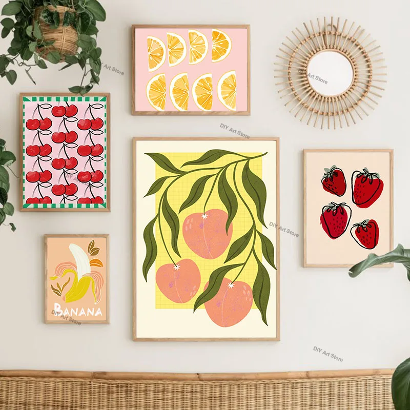 Girl Cherry Orange Peach Banana Wall Art Canvas Painting Fruit Market Posters And Prints for Restaurant Kitchen Room Home Dec