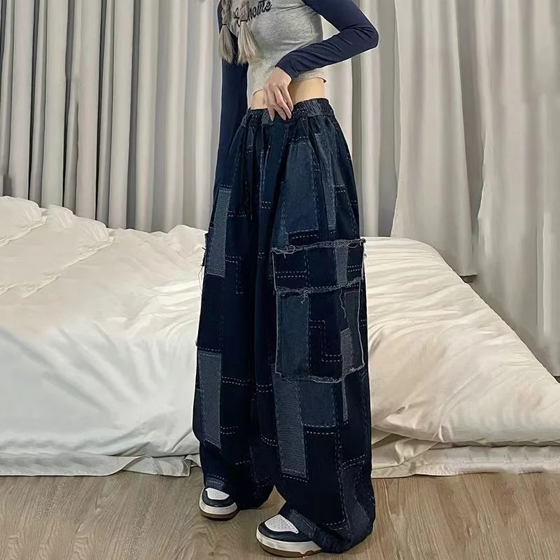 Jeans 2023 Woman Japanese Chic Wide Leg Pants Vintage Patchwork Plaid Pocket Trousers Streetwear Y2k Clothes Pantalon