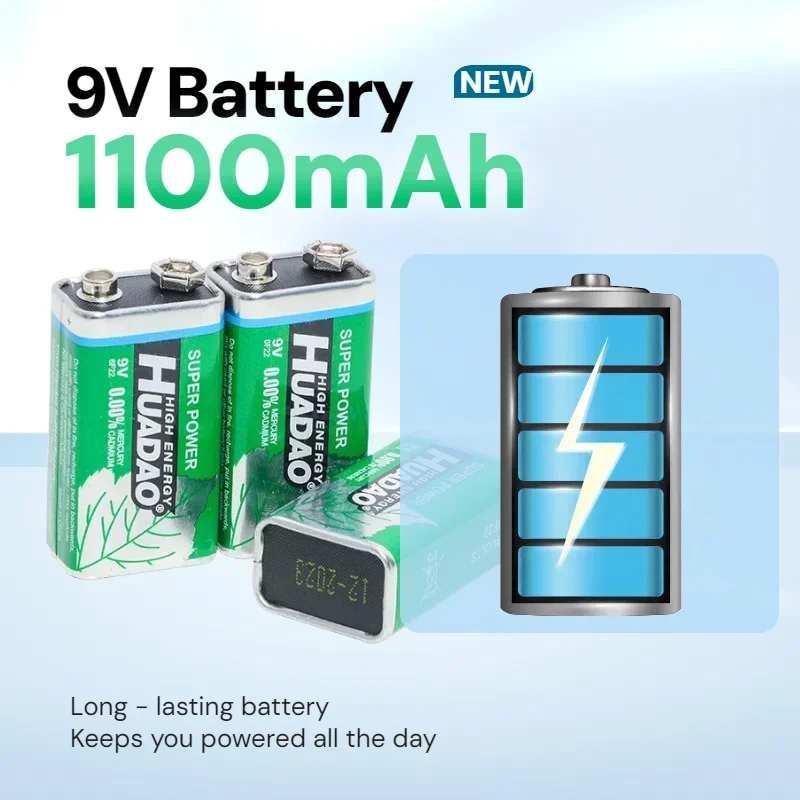 High Capacity 9V Battery Alkaline and Carbon Zinc 6F22 1100mAh for Microphone Karaoke Toy Multimeter Alarm Household Devices