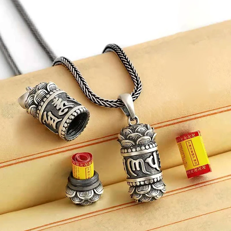 1Pc Hollow Copper Plated Lotus Sutra Cylinder Pendant Keychain Handmade Vintage Pill Box Container Bottle