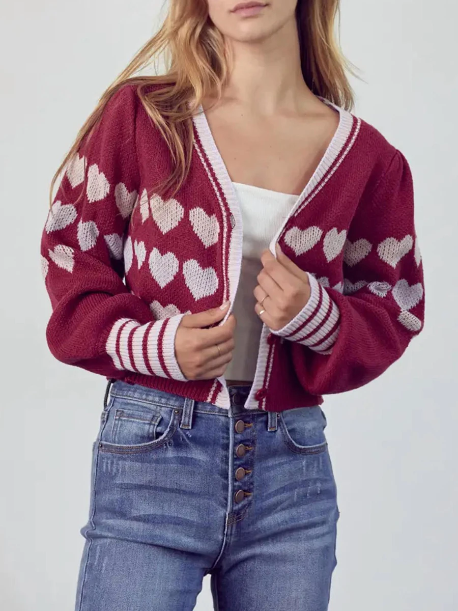 New Womens Valentines Day Sweater Cardigan Long Sleeve V Neck Button Up Heart Print Short Knitwear Hot Sale S M L