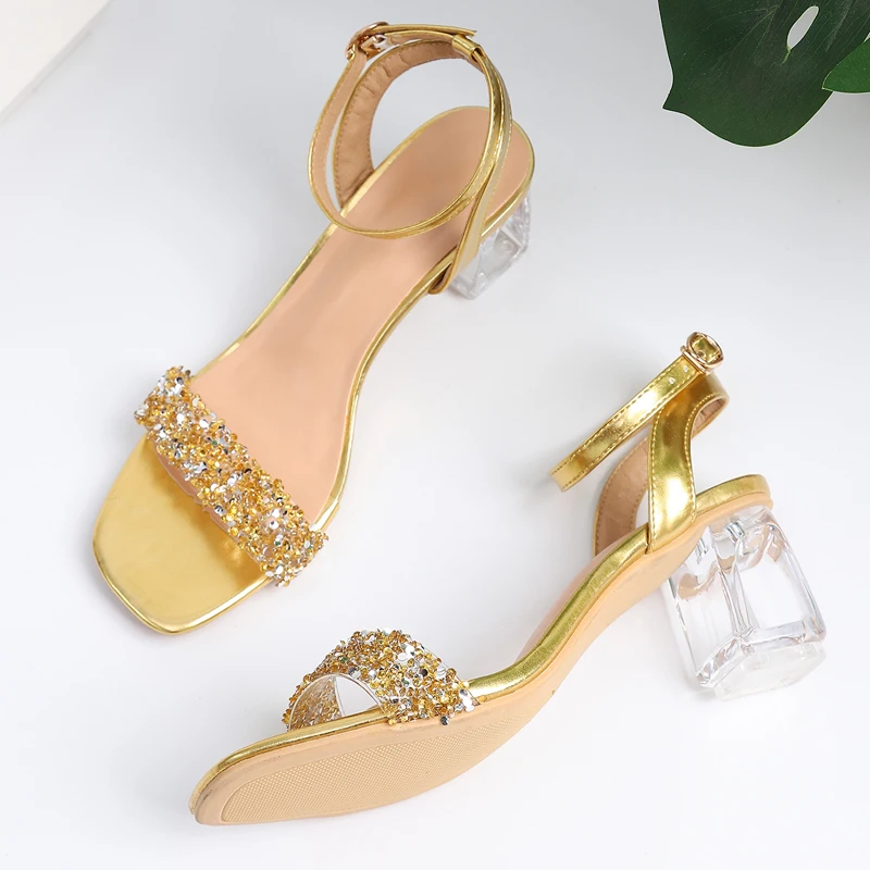 Rhinestone strap, mid-heel sandals, women\'s transparent crystal heel, sexy and versatile, fashion women\'s shoes, banquet shoes,