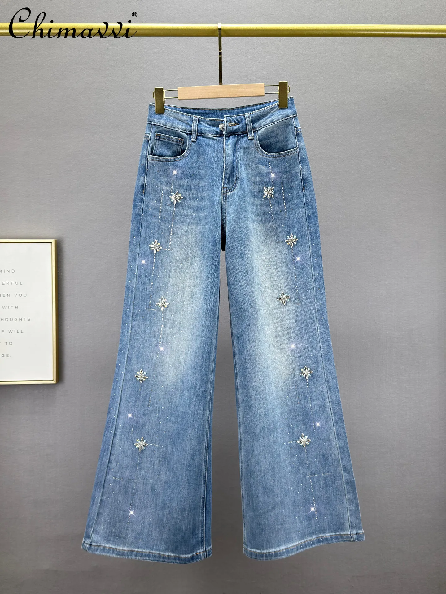 

Heavy Rhinestone Women's Wide-leg Jeans Spring New Fashion High-waisted Loose Slimming Vintage Distressed Floor-length Pants