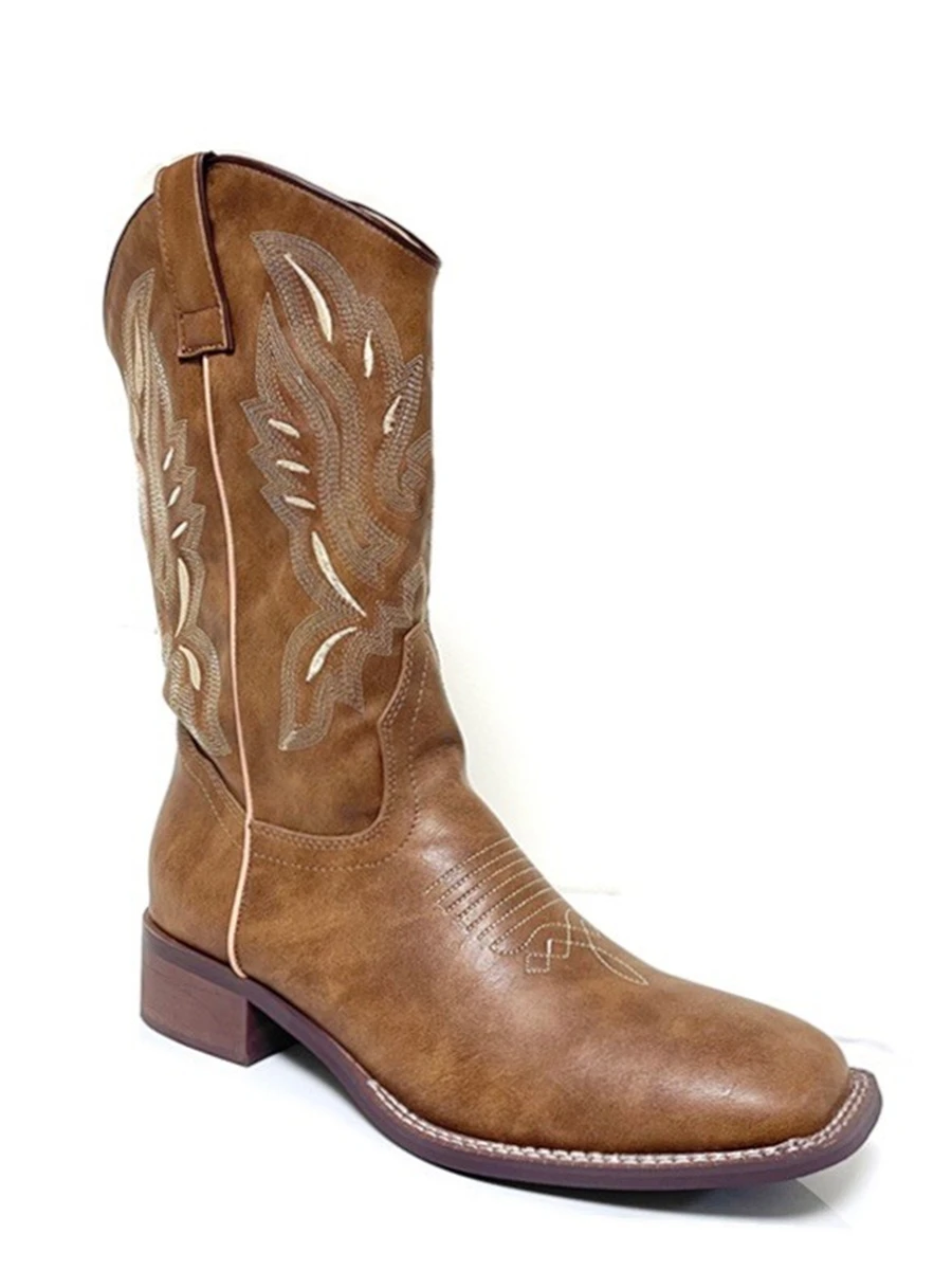 Western Cowboy Boots Chunky-heeled Embroidered Sleeve Size 34-44 Rider Boots Genuine Leather Retro Mid-calf Riding Boots