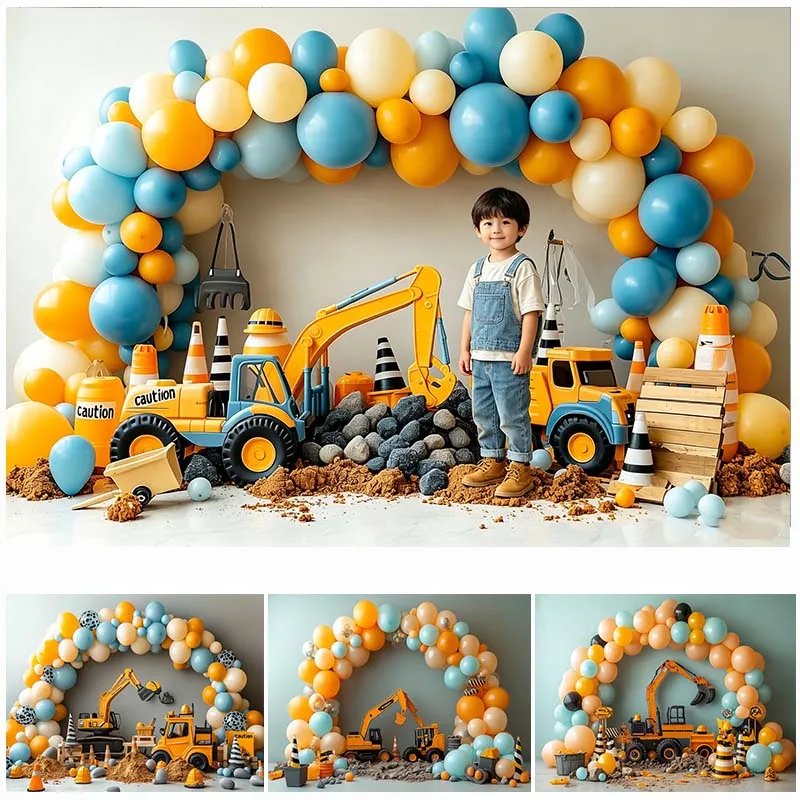 

LS Construction Birthday Backdrop Arched Balloons Cartoon Truck Digger Excavator Kids Party Decoration Photography Background