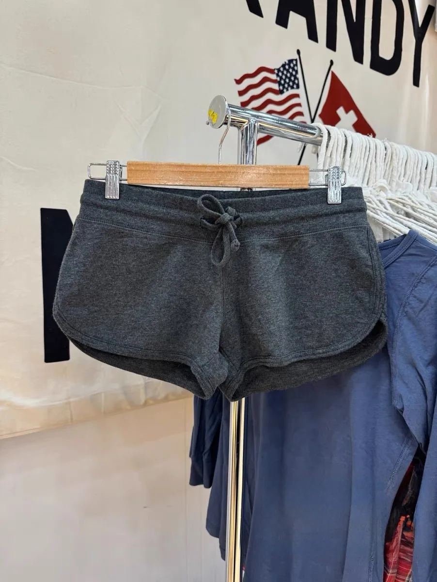 Gray Cotton Drawstring Short Pant Women Casual Basic Elastic Casual Side Slit Bottoms Vintage Preppy Style Simple SweatShorts