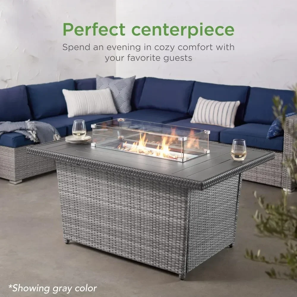 

Propane Gas Fire Pit Table, 52in 50000 BTU Outdoor Wicker Patio Aluminum Tabletop, Glass Wind Guard, Clear Glass Rocks, Fire Pit