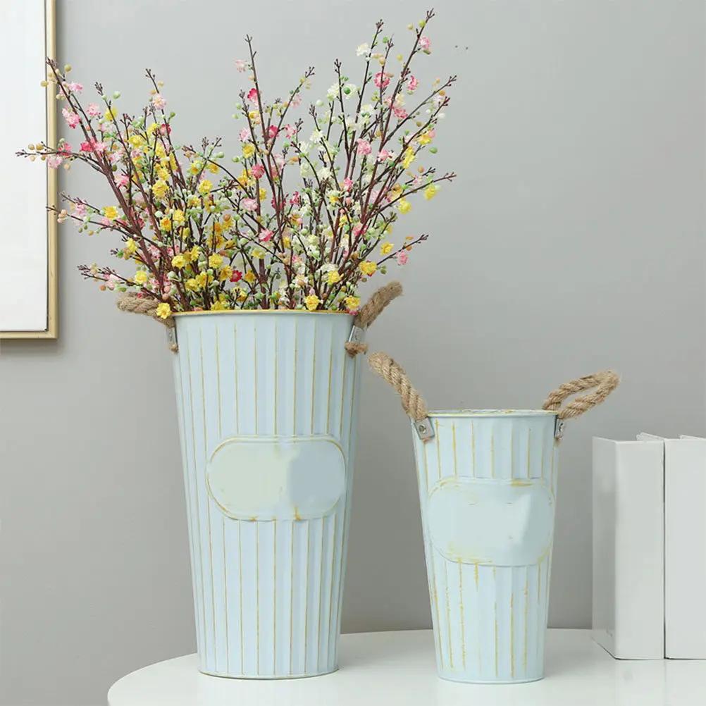 Vintage Iron Flower Pot with Hemp Rope Design, Blue Retro Planter for Windowsill, Desk, Home & Office Decoration, 40 cm