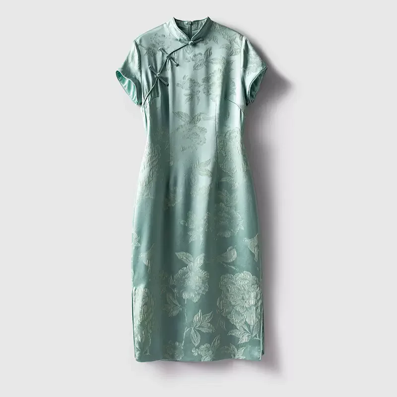 BirdTree, 6A 100%Real Silk Elegant Dress, Women Short Sleeve Jacquard, Retro Chinese Style Cheongsam, 2024 Summer Fall D48061QC