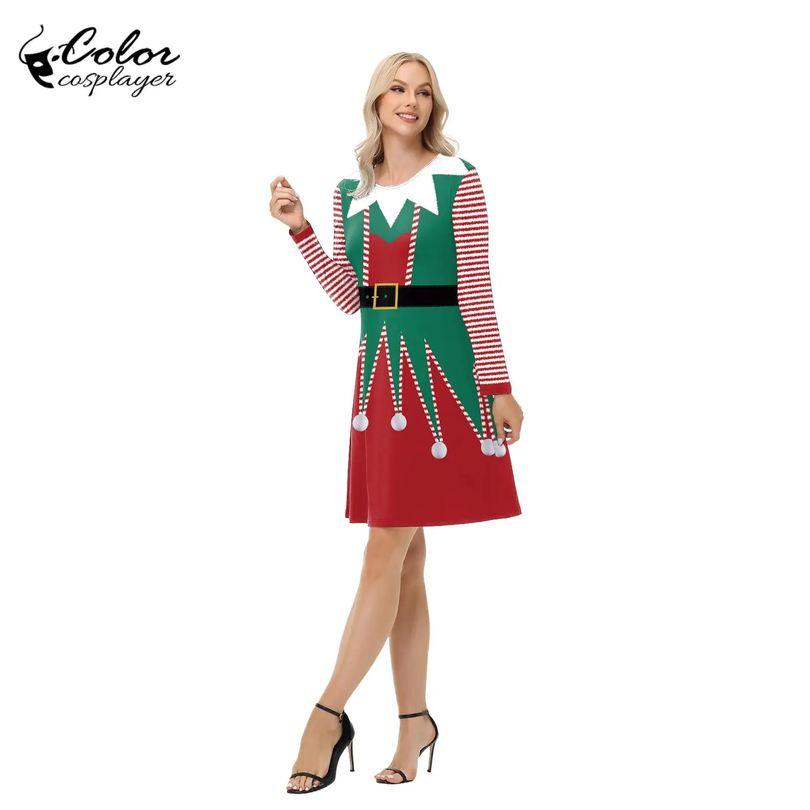 Color Cosplayer Christmas Dress Long Sleeved Stripes 3D Printed Dresses Ladies Xmas Party Dress Up Carnival Cosplay Costumes