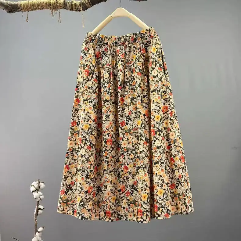 

Длинная юбка из чистого хлопка для женщин, осенняя коллекция 2026, в японском стиле, с эластичным поясом, зеленый и желтый принт, миди-юбка