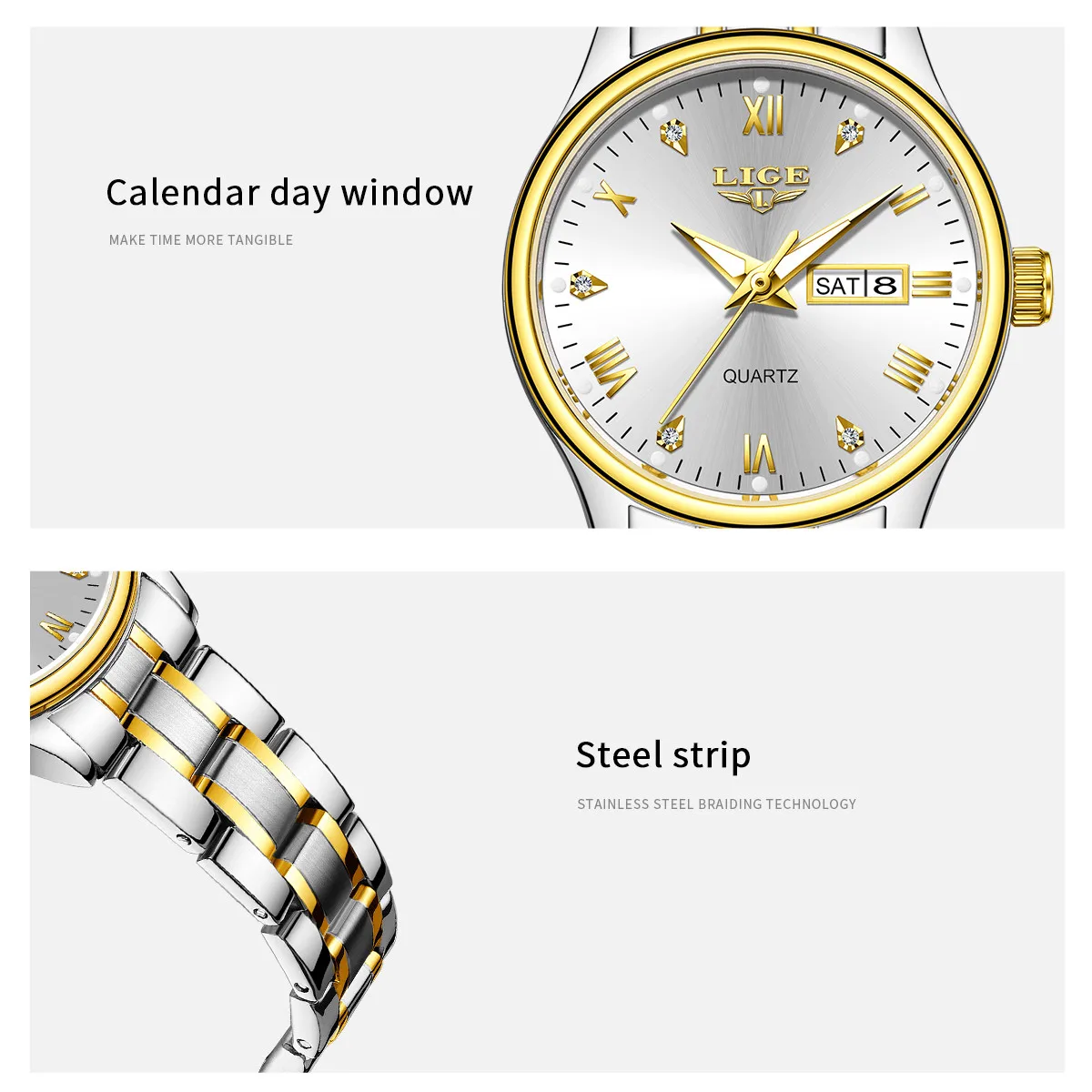 LIGE Luxury Women Watch Elegant Stainless Steel Original Design Quartz clock Fashion Business Date Week Gift Ladies Watches+Box