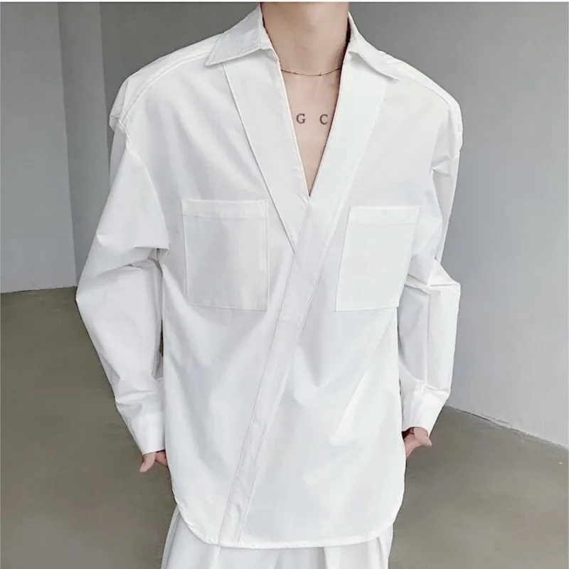 Korean Stylish V-neck Chic Button Blouses Front Pocket Harajuku Men's Solid Long Sleeve Turn-down Collar Shirt White/Black