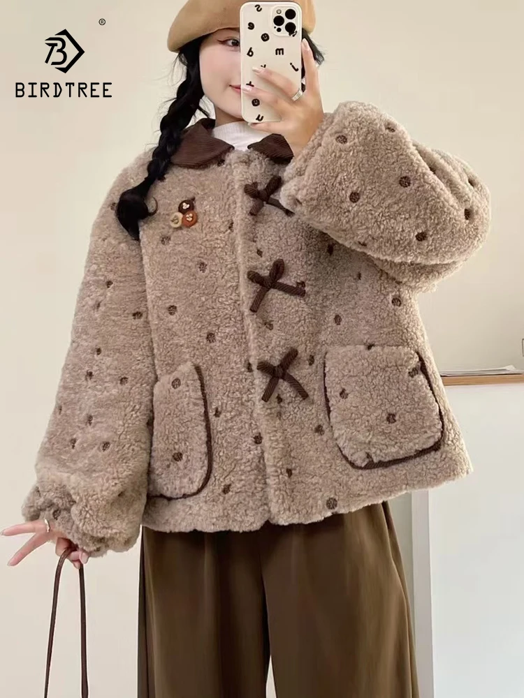 

New 2025 Winter Cotton Padded Long Sleeve Coat, Women Bow Patchwork, Mori Girl French Warm Loose Dot Lamb's Wool Coat C5D486CC
