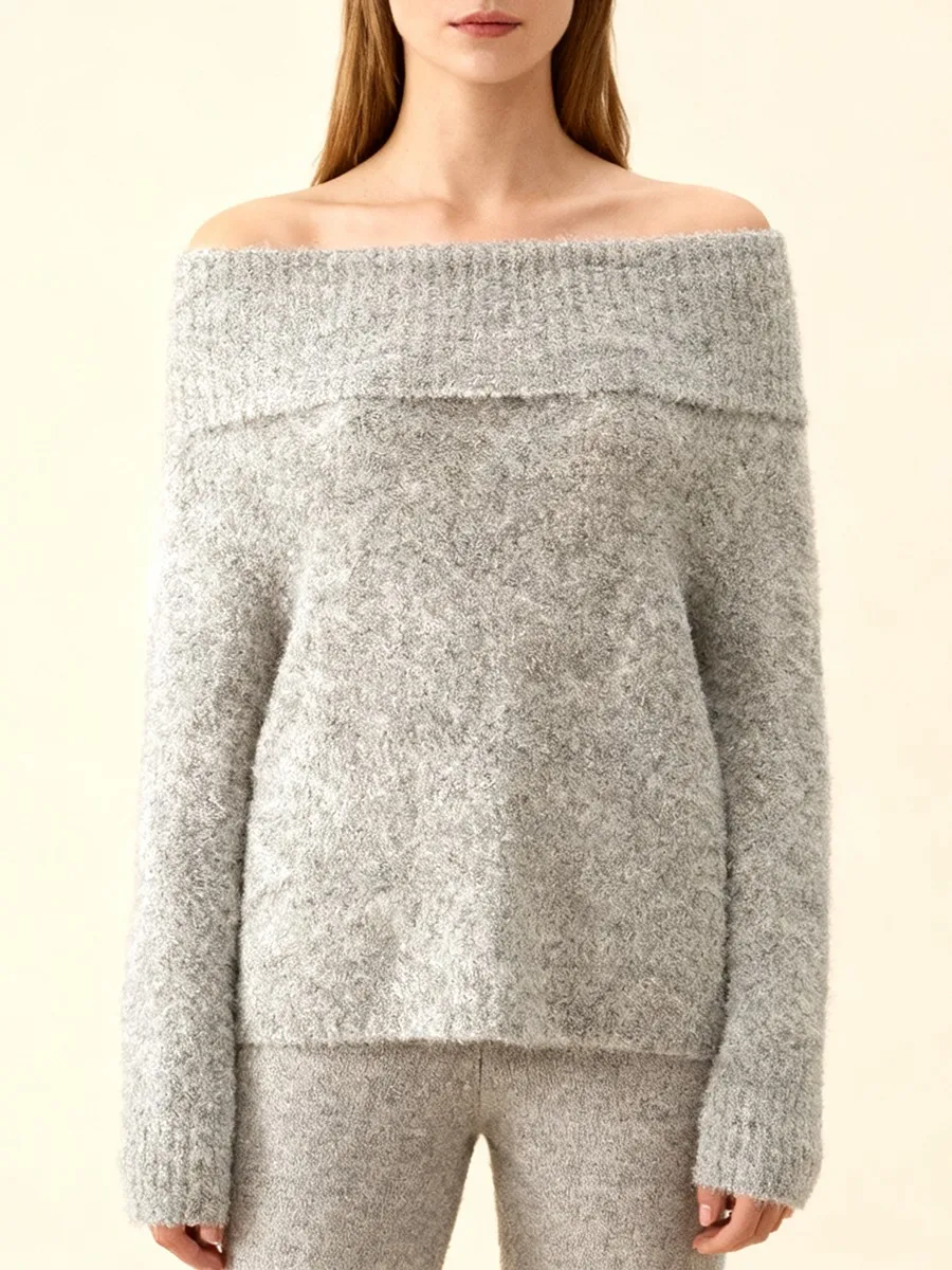 TWOTWINSTYLE Solide Einfache Gestrickte Pullover für Frauen Slash Neck Langarm Schlank Sexy Temperament Pullover Weibliche Winter Kleidung