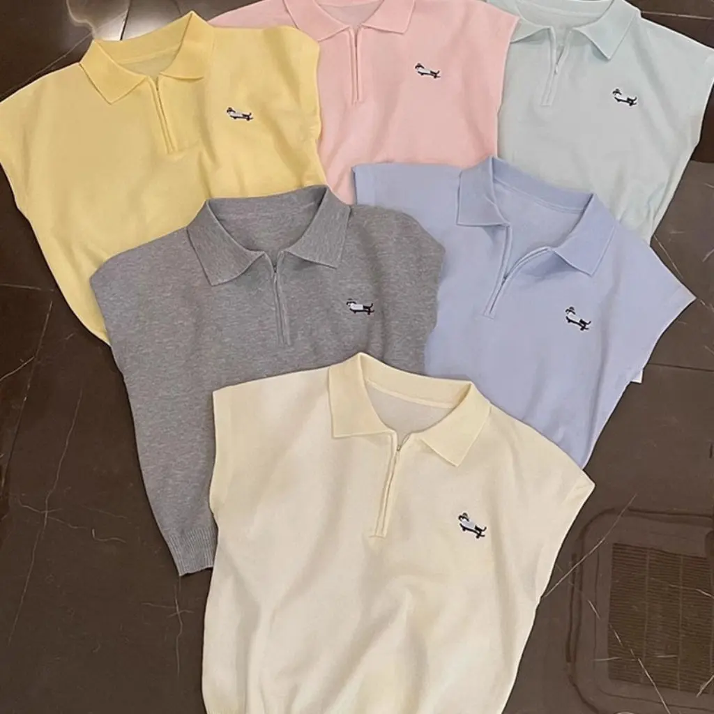 

Women's Korean Style Dopamine Embroidered Knitted Polo Shirt Short-Sleeved T-shirt Summer Ice Silk Design High Sense Top