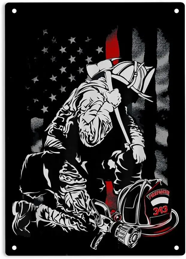 Fireman American Flag Sign Metal Tin Signs, Thin Red Line Firefighter Poster for Home/Office/Garages/Bedroom/Cafes Bars Pub/Man