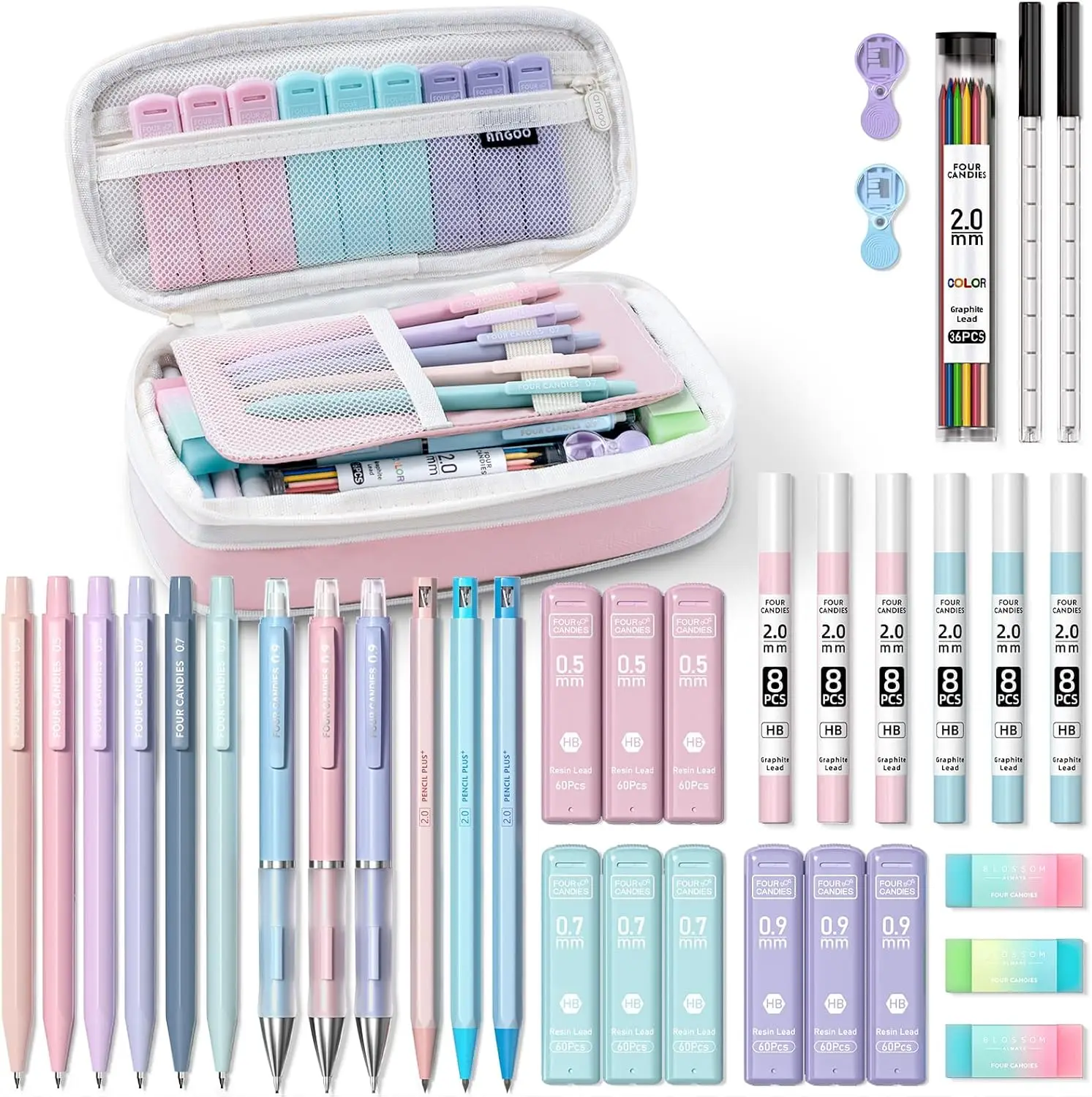 

36PCS Aesthetic Mechanical Pencils Set with 624PCS Lead Refills, Erasers & Sharpeners for Writing Drawing Drafting Pink