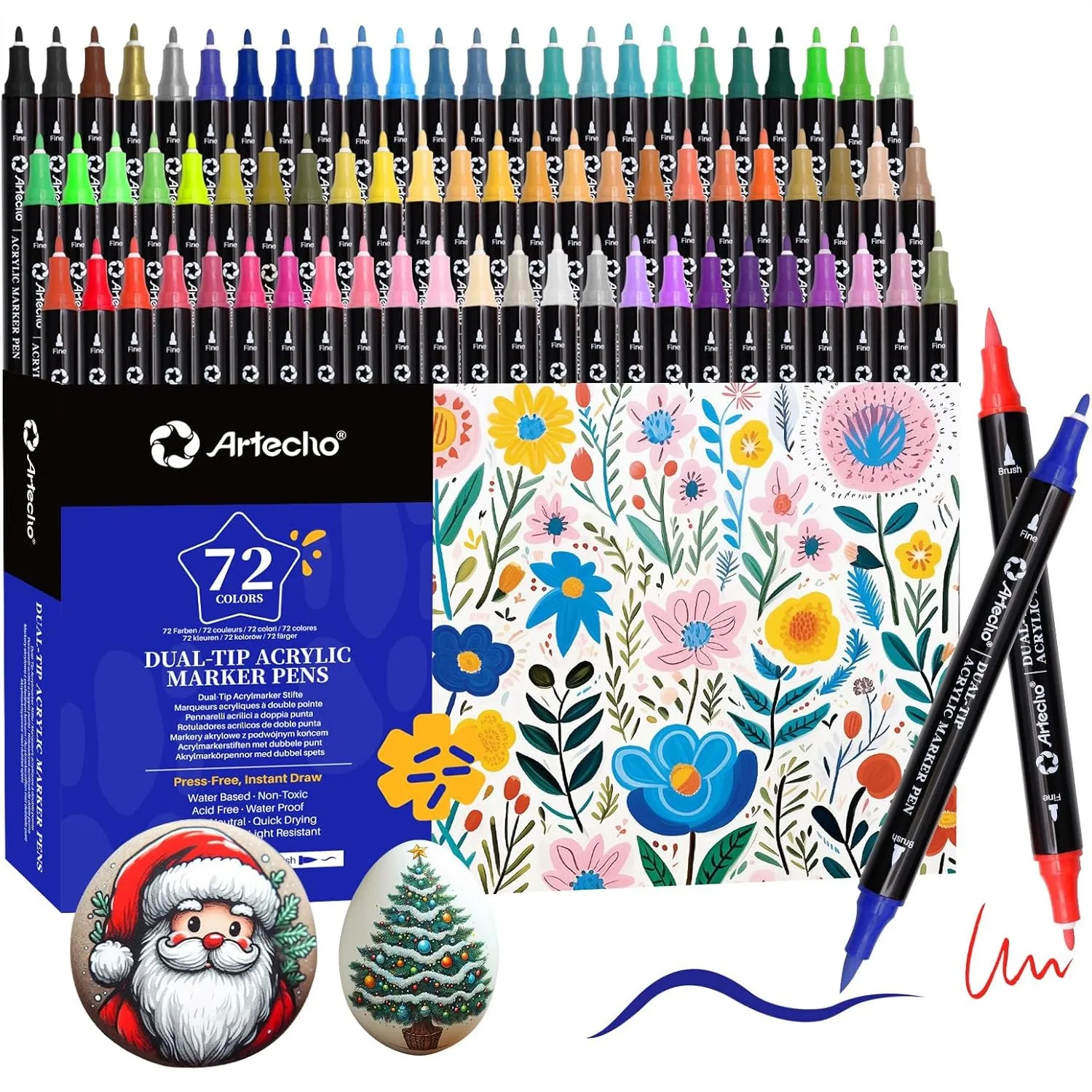 

Acrylic Paint Markers 72 Colors, Dual Tip Brush and Fine Tip Pens For Rock Painting, Canvas, Wood, Ceramic, Glass, Fabric, DIY Crafts