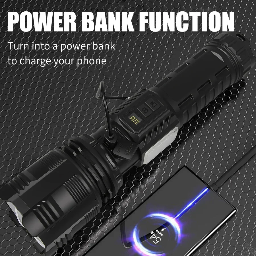 10000LM Bright LED Flashlight –Zoomable Tactical Torch,Rechargeable COB Camping Lamp for Outdoor Hiking Emergency & Self Defense