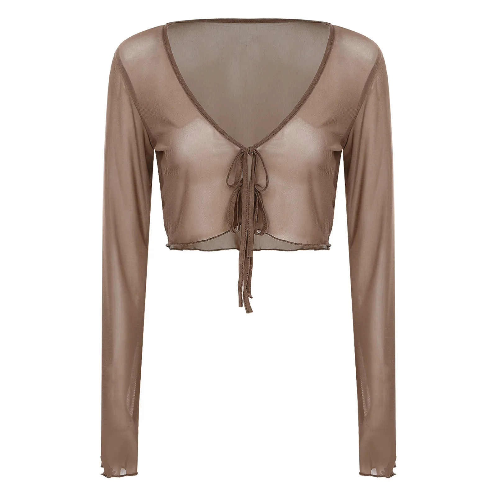 Costume da bagno bikini da donna in rete semitrasparente Copricostume da spiaggia Top Costume con allacciatura frontale Cardigan Top con protezione solare increspato