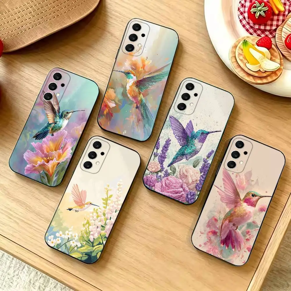 Gemstone hummingbird Fashion Black Silicone Protective Phone Cover, Suitable for Samsung S20-S26,Ultra,Plus,FE,Lite,5G