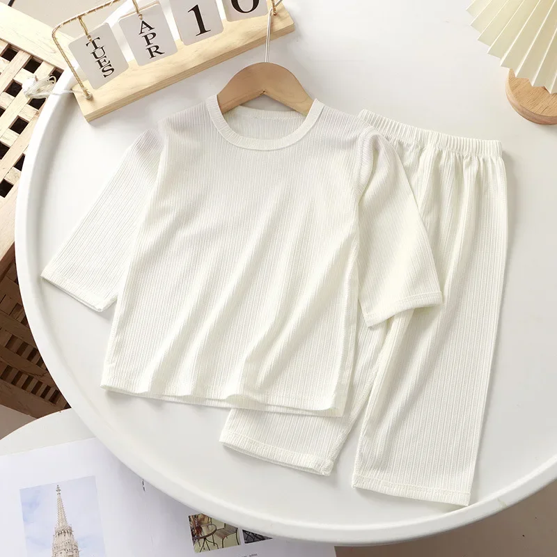 A-class children's ice silk home suit set solid color boys' and girls' thin sleepwear sleepwear casual sets baby boy clothesW146