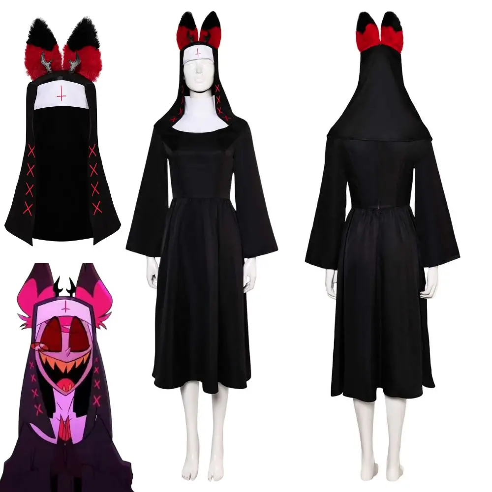 Nun Alastor Cosplay Fantasia Cartoon Hotel Costume Disguise for Women Girls Dress Hat Roleplay Outfits Halloween Carnival Suit