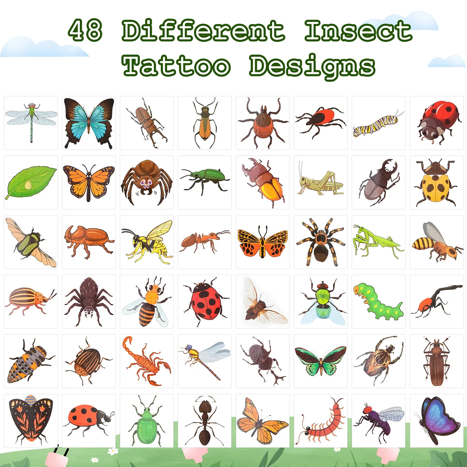 24 Sheets Insect Temporary Tattoos 2 Inch Bug Nature Non-Toxic Tats Butterfly Bee Dragonfly Ladybug Waterproof Body Stickers