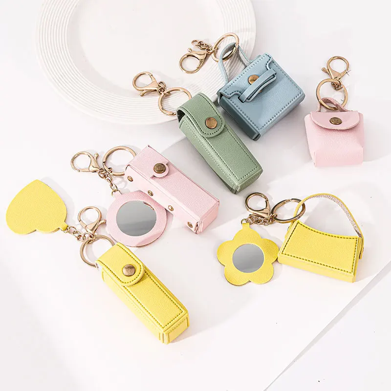 Custom Mini PU Leather Portable Keychain Lipstick Makeup Pouch Lip Balm Bag Keyring Creative Small Mirror Car Bag Hanging Gift