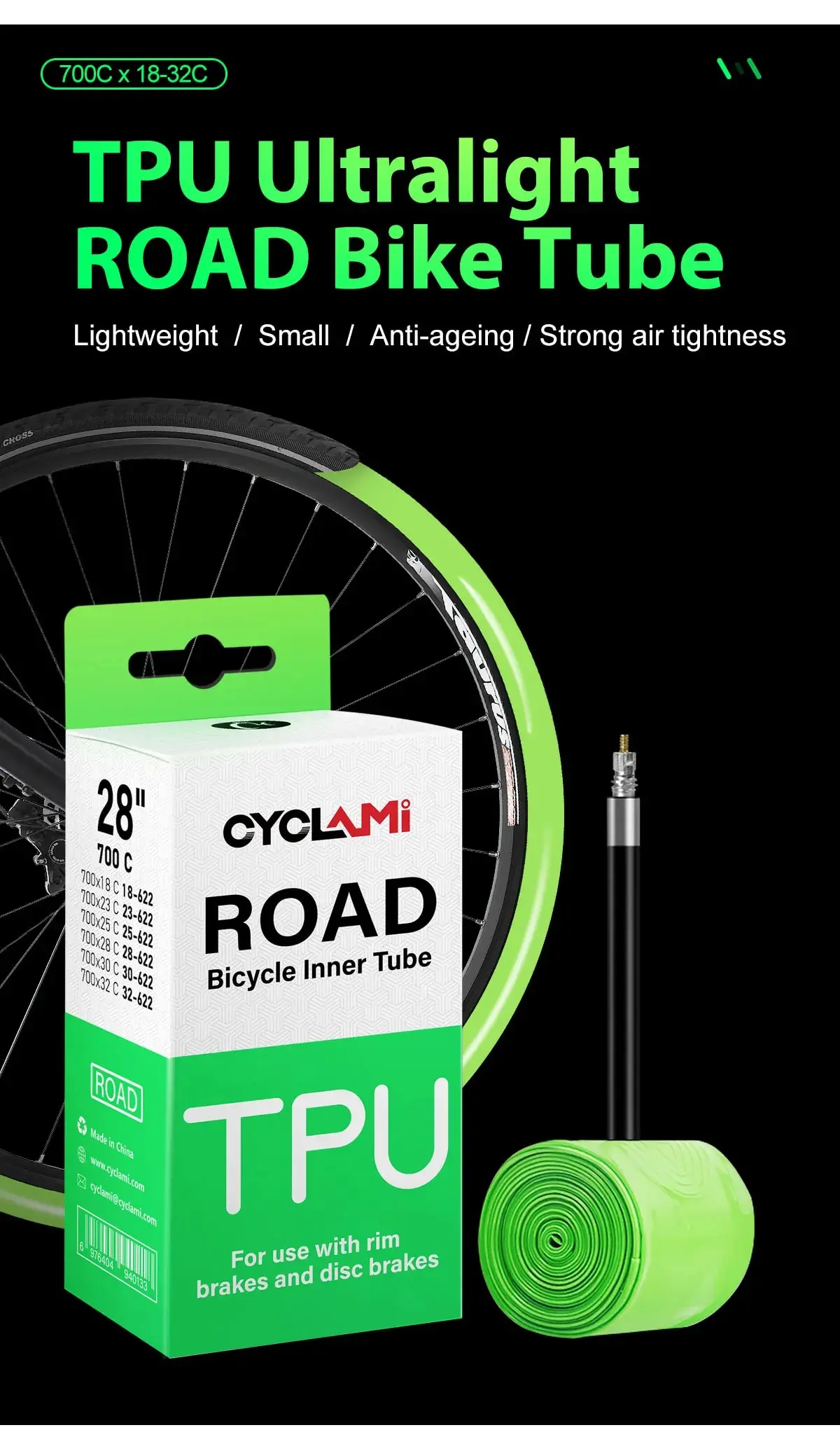CYCLAMI Ultraleichter 30g Fahrradschlauch aus TPU-Material 700C 18-32 Rennradreifen 45mm 65mm 85mm Länge Französisches Ventil – Detail 2