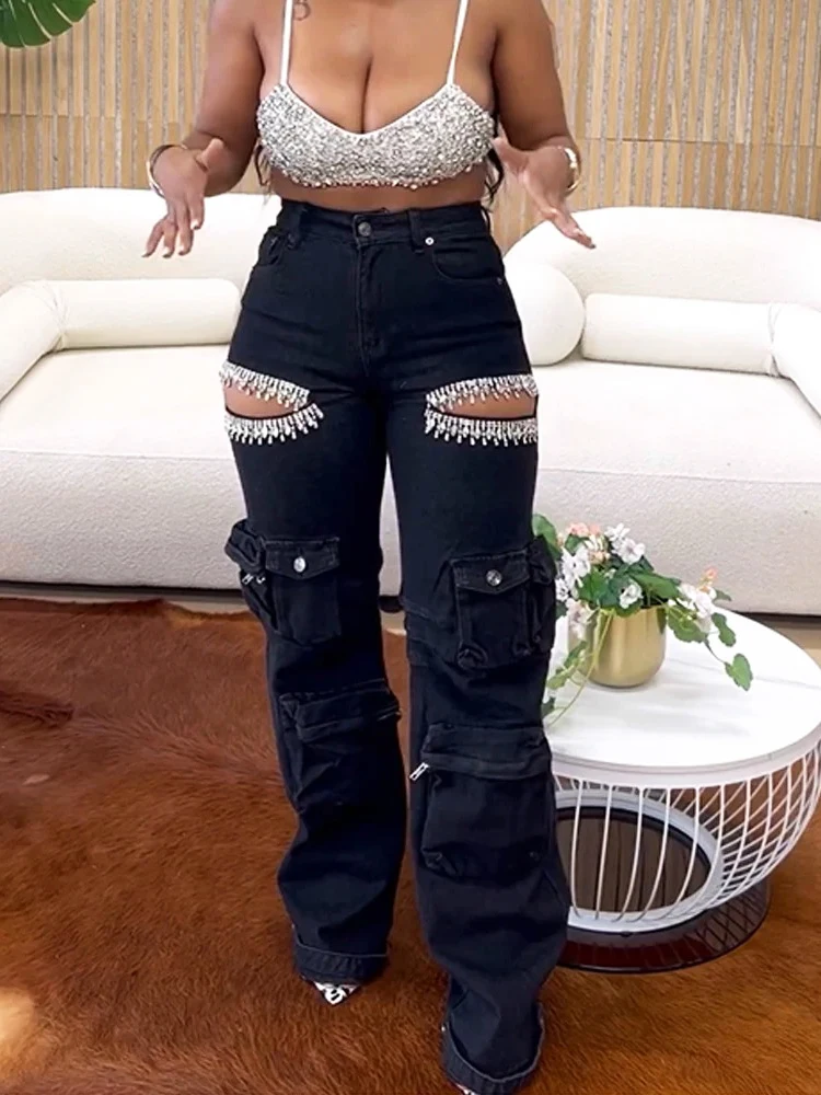 2024 women\'s hollowed out diamond crystal straight leg denim pants multiple pockets high waist wide legs fashionable style pants