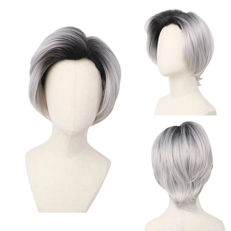 Short hair style Halloween cosplay white gradient color universal wig
