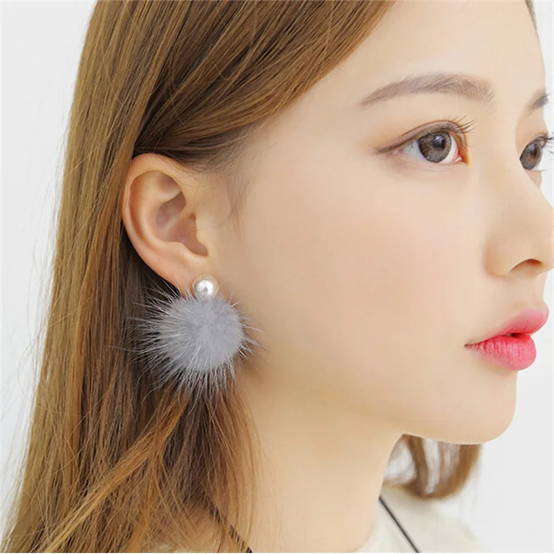 Fashion Mink Fur Ball Silver Needle Pearl Earrings Studs Sweet Lady Ear Jewelry Earings Wedding Trinket Sexy Girl Party Gift E45