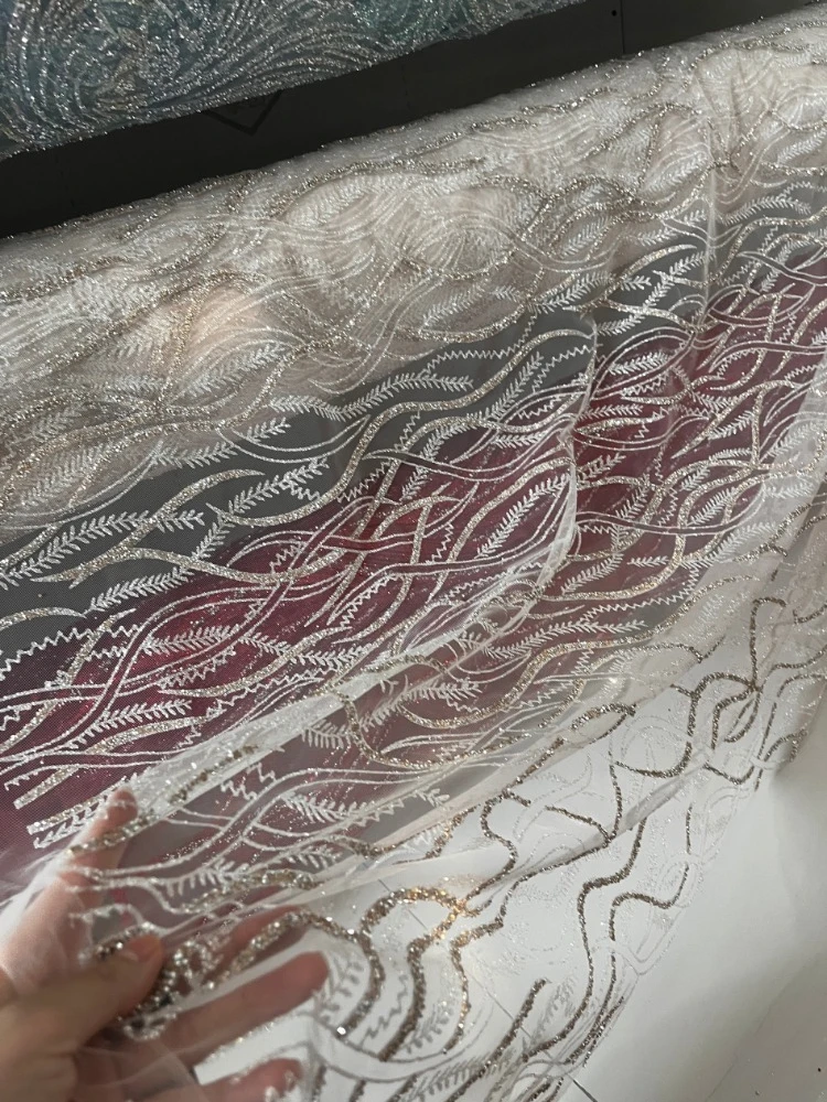 

European Style Mesh Sequin Embroidered Fabric for Perspective Wedding Dress Set Design Cloth Diy By The Meter Sewing Material