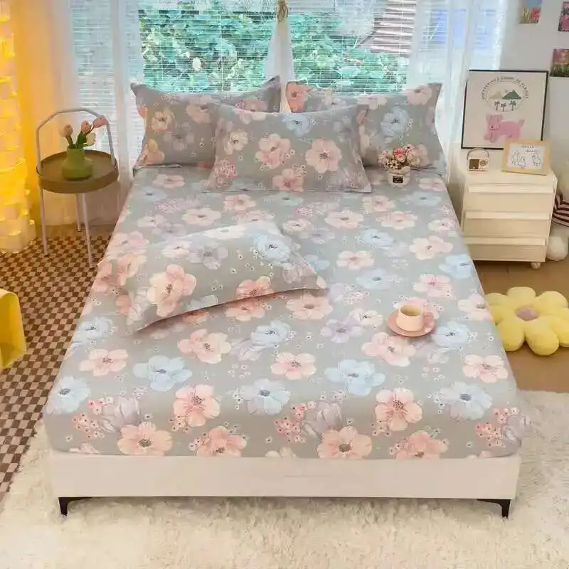 1PC 100% Cotton Floral Fitted Sheet - Single/Queen/King Size, Breathable Mattress Cover For Double Beds (No Pillowcase) - Image 3