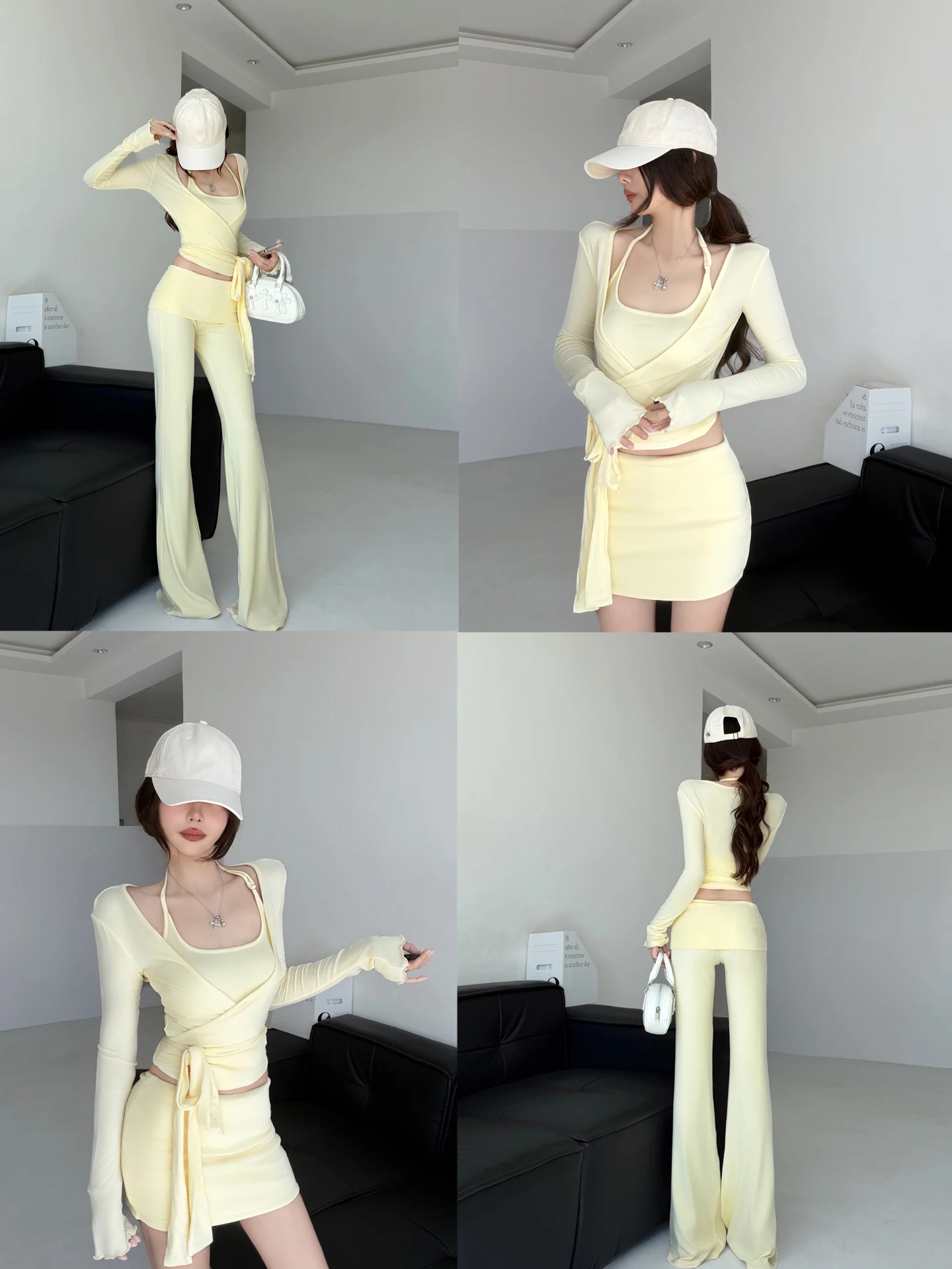 Fashionable Leggy Slim Fit Wrap Cardigan Strap Vest  Skirt Four Piece Set Women Spring Summer Cool Sweet Lisa Outfit