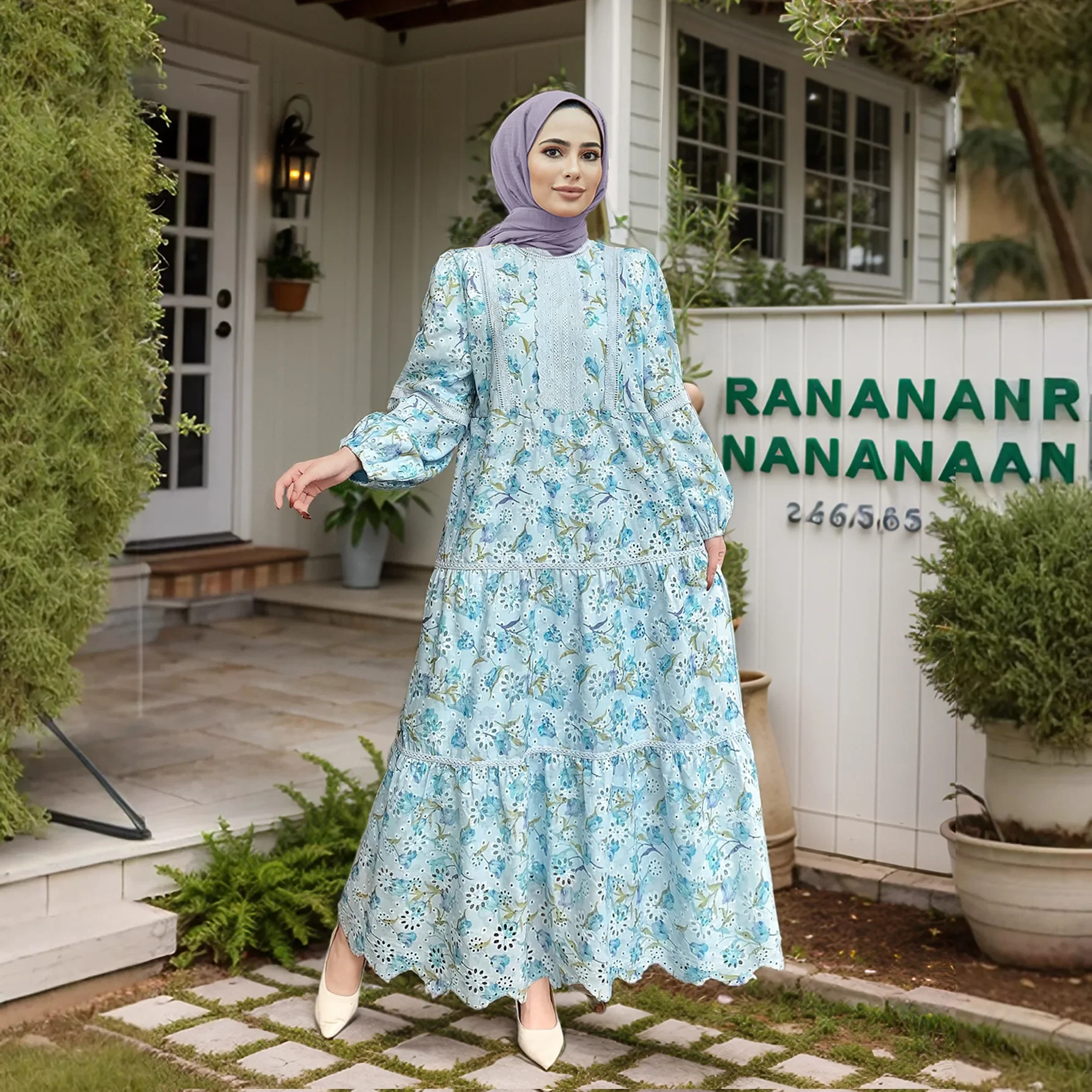 

2025 Lace Floral Print Abayas Dubai Kaftan Women Muslim Maxi Dress Eid Ramadan Turkey Caftan Marocain Femme Musulmane Abaya Gown