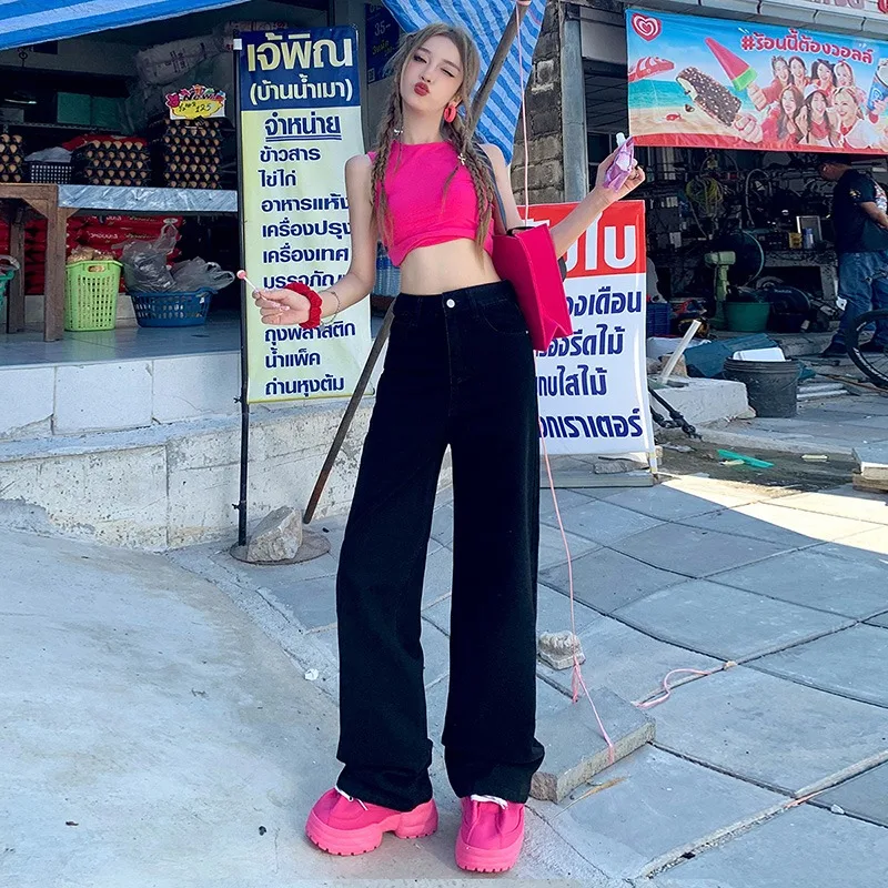 

Корейские отзывы, джинсы y2k, прямые брюки с высокой талией, мягкие широкие джинсы для женщин, длинные брюки, высокие и облегающие брюки