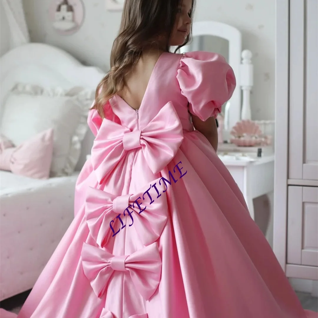 تخصيص القوس نفخة الأكمام ألف خط بلورات فستان فتاة الزهور الرسمي طول الأرض سويب تراين فستان رسمي أول مناولة جديد Cus #5