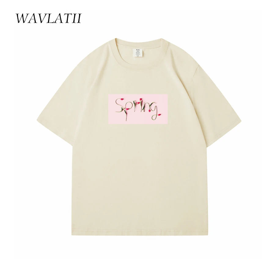 Wavlatii-女性用ベージュプリントTシャツ,綿100% の服,カジュアル,パープル,半袖トップス,レディース,夏,新品,wt2404