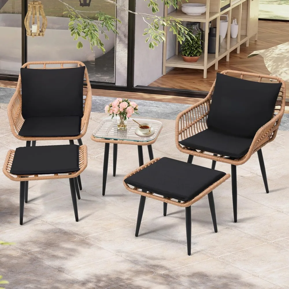 

Outdoor Wicker Chairs and Table Bistro Conversation Furniture Set, 5 Pieces with Ottoman, Patio Furniture Set