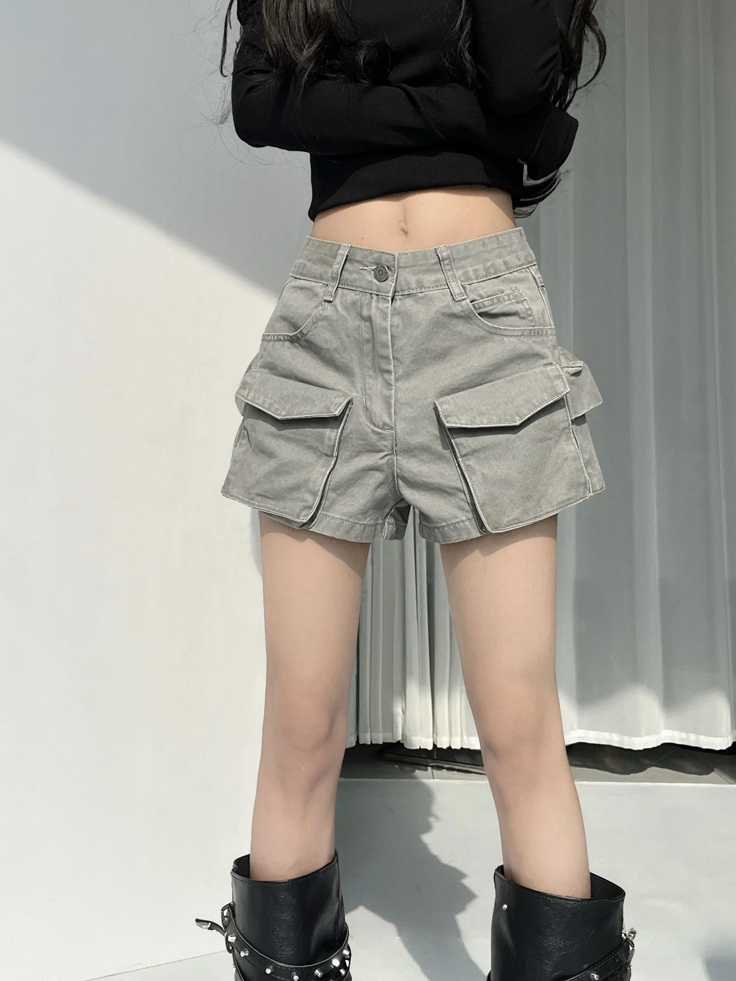 American Style Retro Multi-Pocket Workwear Denim Shorts Women's Summer Ultra-Short Tight Straight Leg Wide Leg Hot Pants