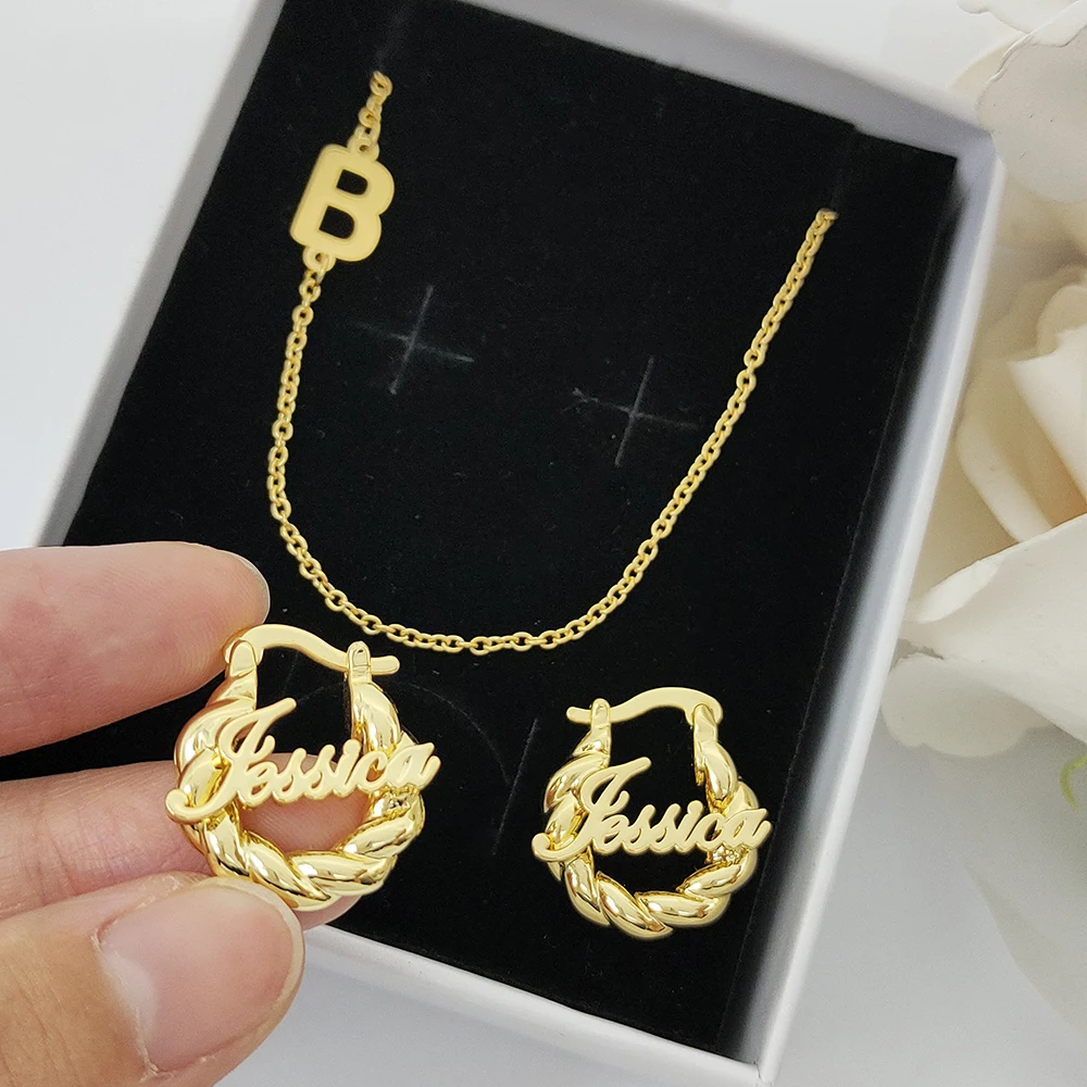 GoldButterfly Custom Name Jewelry 2pcs Set Initial Necklace and 18mm Mini Hoop Earrings Personalized Baby Girls Jewelry Gift